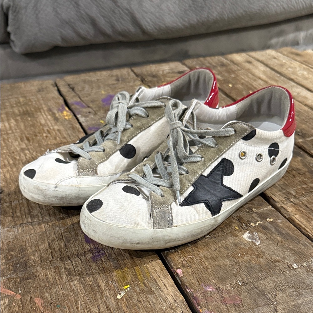 Golden Goose White and Black Polka Dot Sneakers with Red Accents